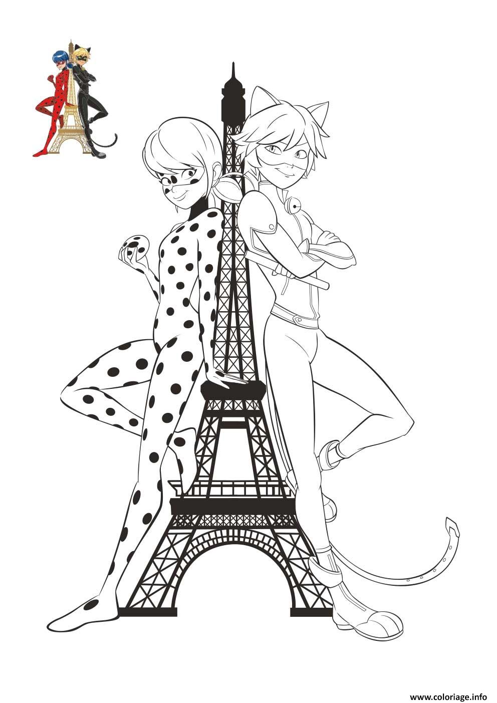 Coloriage Chat Noir Et Ladybug Tour Effeil Paris France Dessin à Imprimer